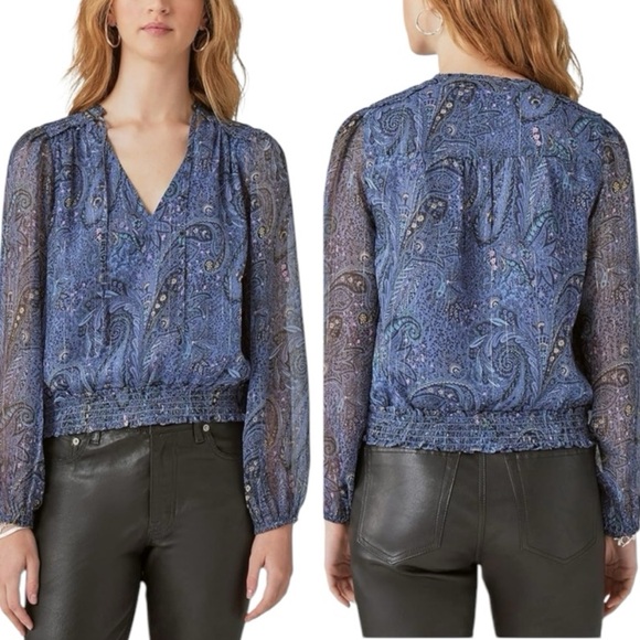 Lucky Brand Blue Paisley Floral Print Sheer Bubble Hem Puff Sleeve Peasant Top L - Picture 2 of 5